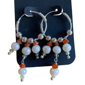 Handcrafted Sterling Silver Hoop Earrings With Pearls & Gemstones Dangle Design